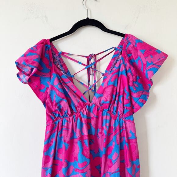 Sugarlips Pink and Blue Floral Yeraldi Berry Fiora Ruffle Open Back Midi Dress S - Picture 7 of 11